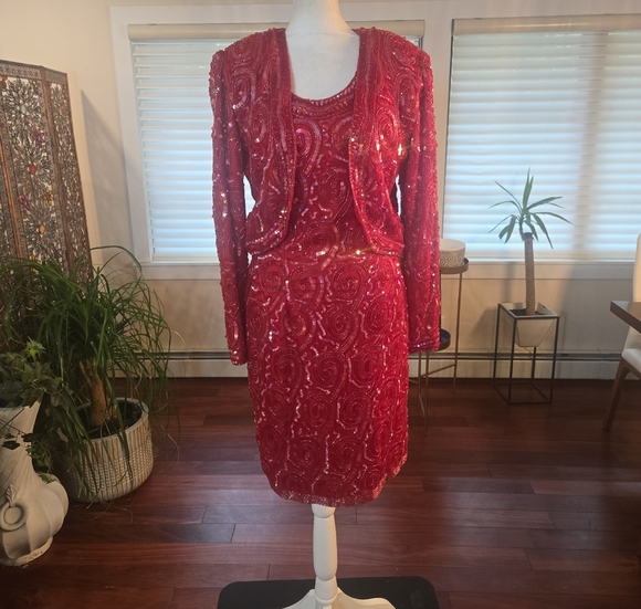 NWT Vintage 1960s Pure Silk Sequins Beaded Slip Dress Jacket Set Red Size Small